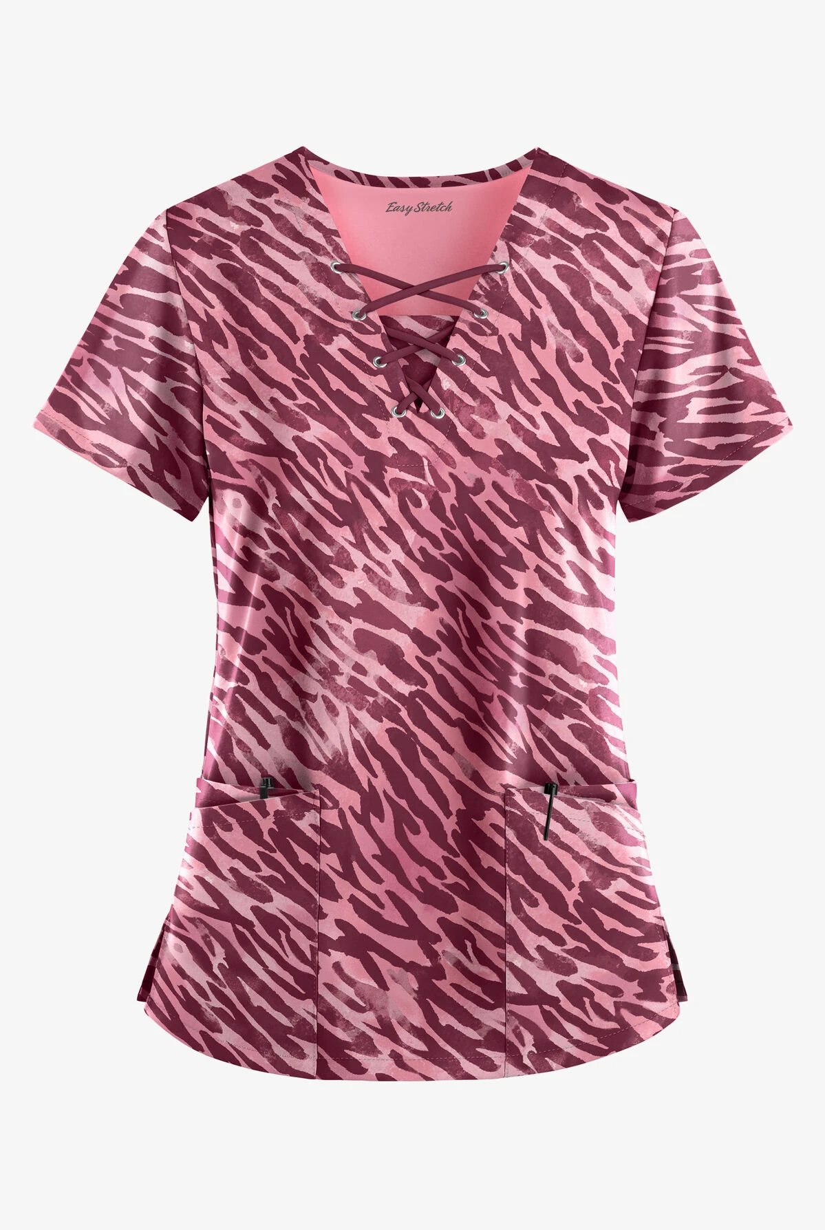Easy STRETCH By Butter-Soft™ Abstract Animal Wine Women's 4-Pocket Lace Up V-Neck Print Scrub Top 1 Easy STRETCH By Butter-Soft™ Abstract Animal Wine Women's 4-Pocket Lace Up V-Neck Print Scrub Top
