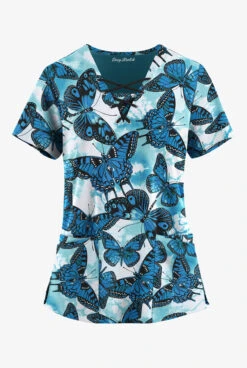 Easy Stretch By Butter-Soft Butterfly Oasis Women's 4-Pocket Lace Up V-Neck Printed Scrub Top