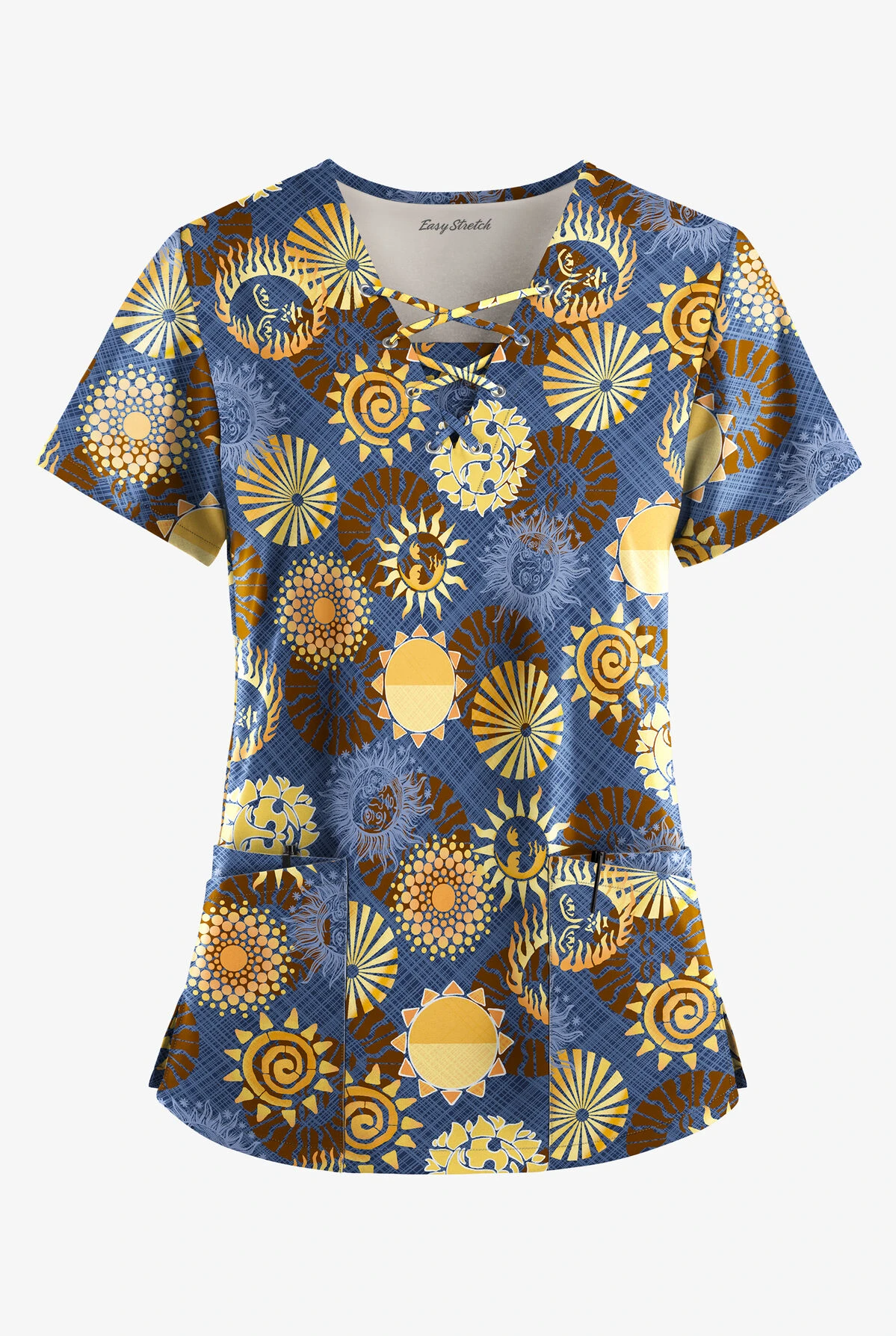 Easy STRETCH By Butter-Soft™ Celestial Skies Navy Women's 4-Pocket Lace Up V-Neck Print Scrub Top 1 Easy STRETCH By Butter-Soft™ Celestial Skies Navy Women's 4-Pocket Lace Up V-Neck Print Scrub Top