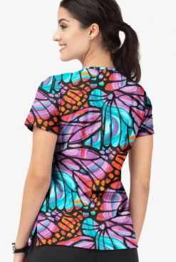 Easy Stretch By Butter-Soft Onyx Butterflies Women's 4-Pocket Lace Up V-Neck Print Scrub Top -Cherokee Shop TS222KBBL 3