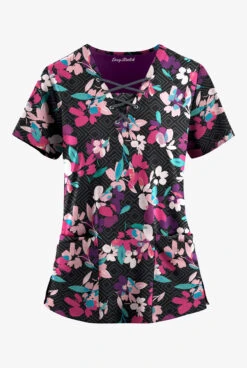 Easy Stretch By Butter-Soft Kyoto Floral Onyx Women's 4-Pocket Lace Up V-Neck Printed Scrub Top