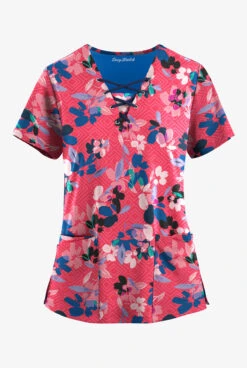 Easy Stretch By Butter-Soft Floral Watermelon Women's 4-Pocket Lace Up V-Neck Printed Scrub Top