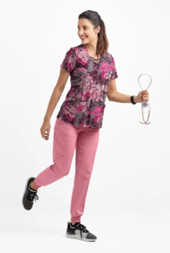 Easy STRETCH By Butter-Soft ™ Medici Floal Greystone Women's 4-Pocket Lace Up V-Neck Print Scrub Top -Cherokee Shop TS222MFGS 3