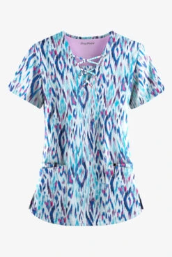 Easy STRETCH By Butter-Soft™ Rotterdam Ikat Turquoise Women's 4-Pocket V-Neck Print Scrub Top