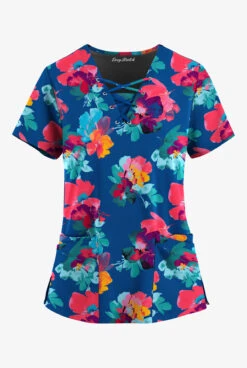 Easy STRETCH By Butter-Soft™ Sweet Blossoms Royal Women's 4-Pocket Lace Up V-Neck Printed Scrub Top