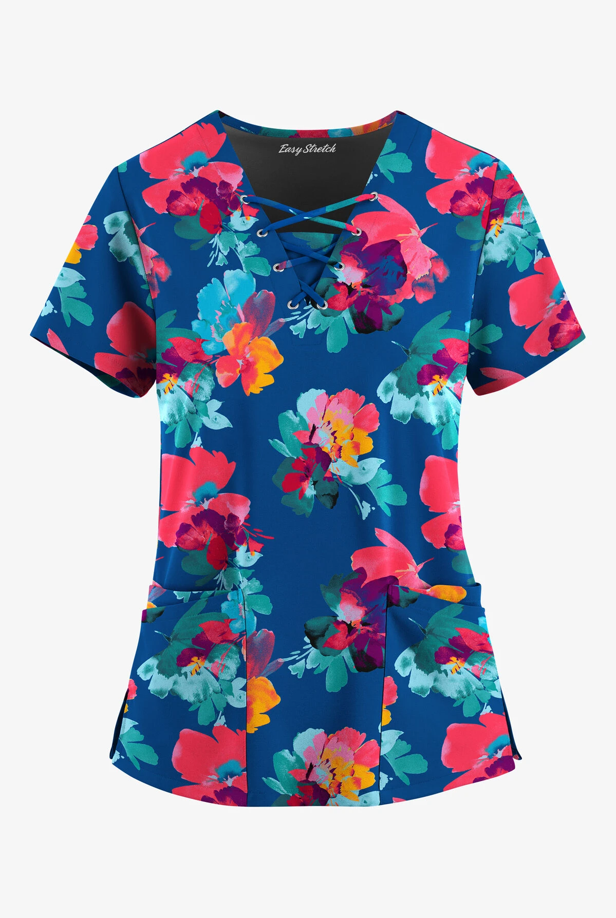 Easy STRETCH By Butter-Soft™ Sweet Blossoms Royal Women's 4-Pocket Lace Up V-Neck Printed Scrub Top 1 Easy STRETCH By Butter-Soft™ Sweet Blossoms Royal Women's 4-Pocket Lace Up V-Neck Printed Scrub Top