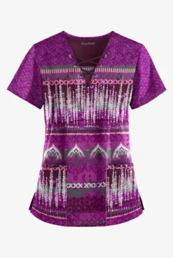 Easy STRETCH By Butter-Soft™ Wood Block Paisley Eggplant Women's 4-Pocket V-Neck Print Scrub Top