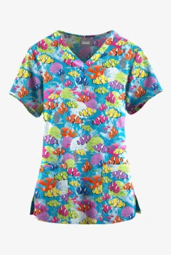 Butter-Soft Originals Dazzling Reef Turquoise Women's 4-Pocket Rounded V-Neck Printed Scrub Top