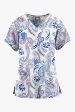 Butter-Soft Originals Kashmir Paisley White Printed Women's 4-Pocket Rounded V-Neck Scrub Top