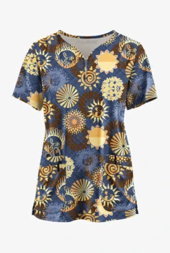 Easy STRETCH By Butter-Soft™ Celestial Skies Navy Women's 4-Pocket Zip Curved Neck Print Scrub Top