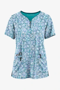 Easy STRETCH By Butter-Soft™ Dotted Geo Caribbean Blue Women's 4-Pocket Zip Neck Print Scrub Top