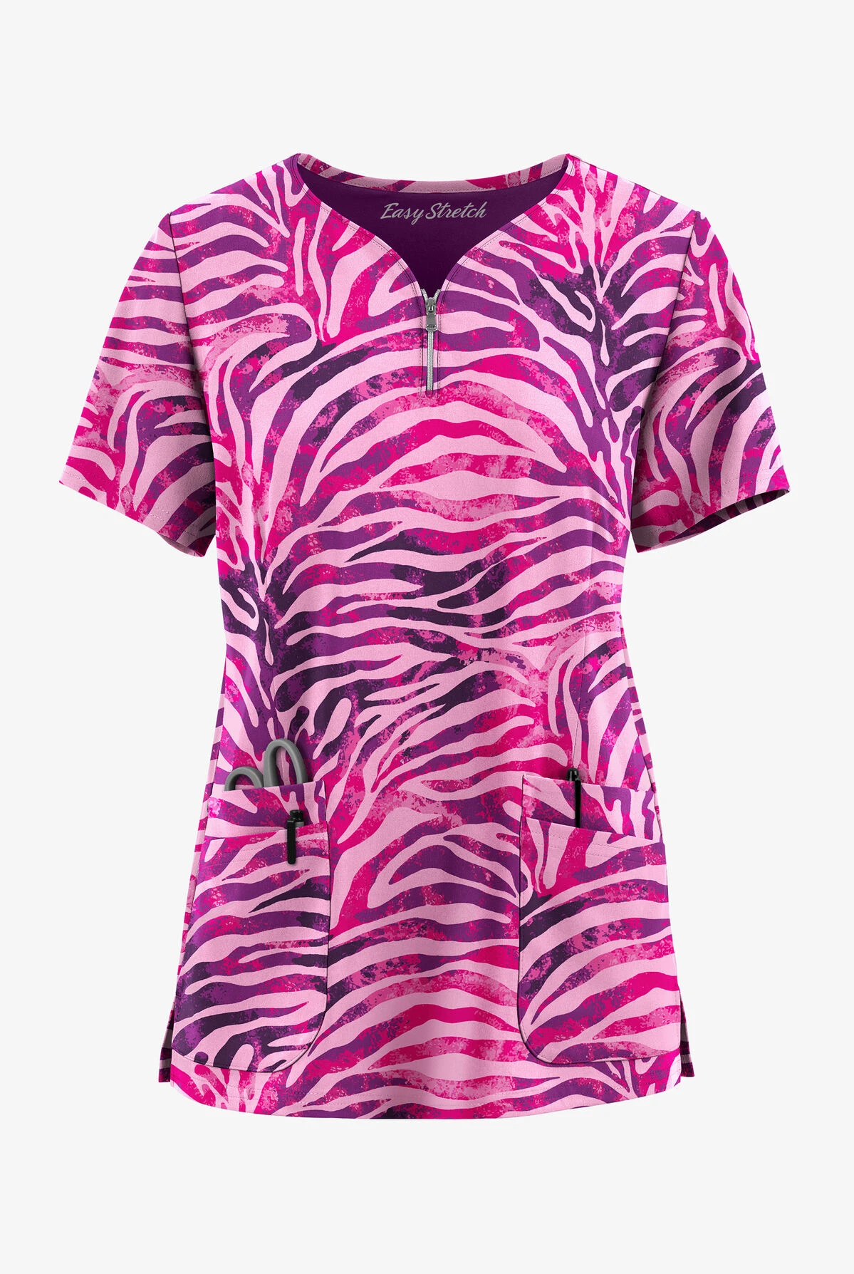Easy STRETCH By Butter-Soft™ Exotic Zebra Flirt Women's 4-Pocket Zip Curved Neck Printed Scrub Top 1 Easy STRETCH By Butter-Soft™ Exotic Zebra Flirt Women's 4-Pocket Zip Curved Neck Printed Scrub Top