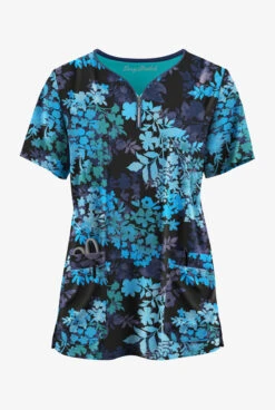 Easy STRETCH By Butter-Soft™ Medici Floral Onyx Women's 4-Pocket Zip Curved Neck Print Scrub Top
