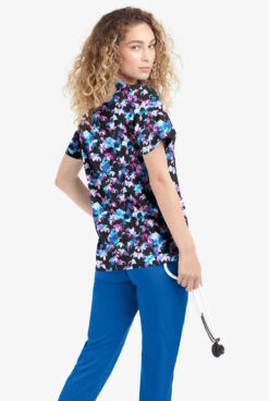 Easy Stretch By Butter-Soft Morning Garden Onyx Women's 4-Pocket Zip Curved Neck Printed Scrub Top -Cherokee Shop TS4236MGBL 3