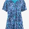 Easy STRETCH By Butter-Soft™ Rotterdam Ikat Navy Women's 4-Pocket Zip Curved Neck Print Scrub Top