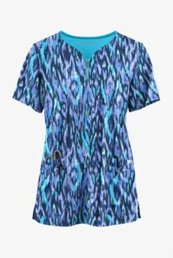 Easy STRETCH By Butter-Soft™ Rotterdam Ikat Navy Women's 4-Pocket Zip Curved Neck Print Scrub Top