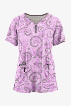 Easy STRETCH By Butter-Soft™ Whimsical Sky Amethyst Mist Womens 4-Pocket Zip Neck Print Scrub Top