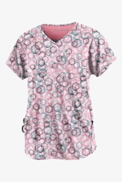 Easy STRETCH By Butter-Soft Dotted Geo Cashmere Rose Women's 2-Pocket V-Neck Print Scrub Top