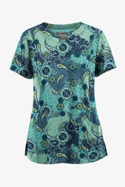 UA Butter-Soft STRETCH Mixed Medallion Navy Women’s 4-Pocket Notch-Neck Print Scrub Top