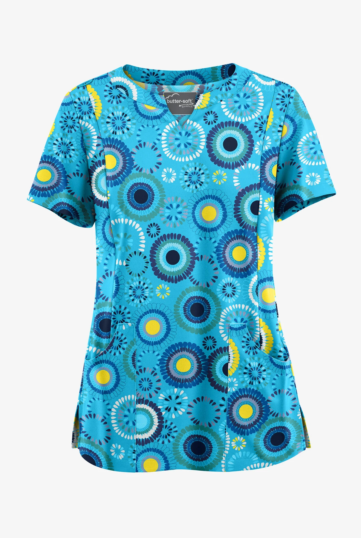 Butter-Soft STRETCH Odessa Floral Turquoise Women's 4-Pocket Notch Neck Print Scrub Top 1 Butter-Soft STRETCH Odessa Floral Turquoise Women's 4-Pocket Notch Neck Print Scrub Top