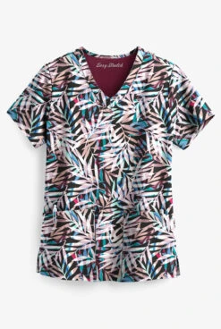 Easy STRETCH By Butter-Soft™ Falling Fronds Women's 2-Pocket V-Neck Print Scrub Top