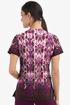 Easy STRETCH By Butter-Soft Gradient Ikat Eggplant Women's 2-Pocket V-Neck Print Scrub Top -Cherokee Shop TS434GIEP 3