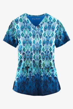 Easy STRETCH By Butter-Soft™ Gradient Ikat Navy Women's 2-Pocket Mitered V-Neck Print Scrub Top