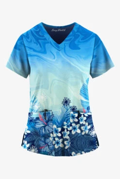 Easy Stretch By Butter-Soft Honolulu Garden Navy Women's 2-Pocket Mitered V-Neck Printed Scrub Top