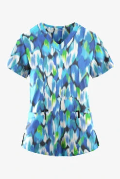 Easy Stretch By Butter-Soft Love Garden Pewter Women's 2-Pocket Mitered V-Neck Printed Scrub Top