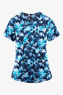 Easy Stretch By Butter-Soft Morning Garden Navy Women's 2-Pocket Mitered V-Neck Printed Scrub Top