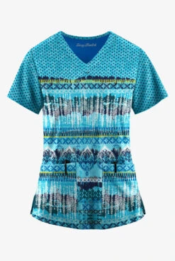 Easy STRETCH By Butter-Soft Woodblock Paisley Turquoise Women's 2-Pocket V-Neck Print Scrub Top
