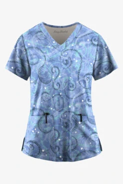 Easy STRETCH By Butter-Soft™ Whimsical Sky Ceil Women's 2-Pocket Mitered V-Neck Print Scrub Top