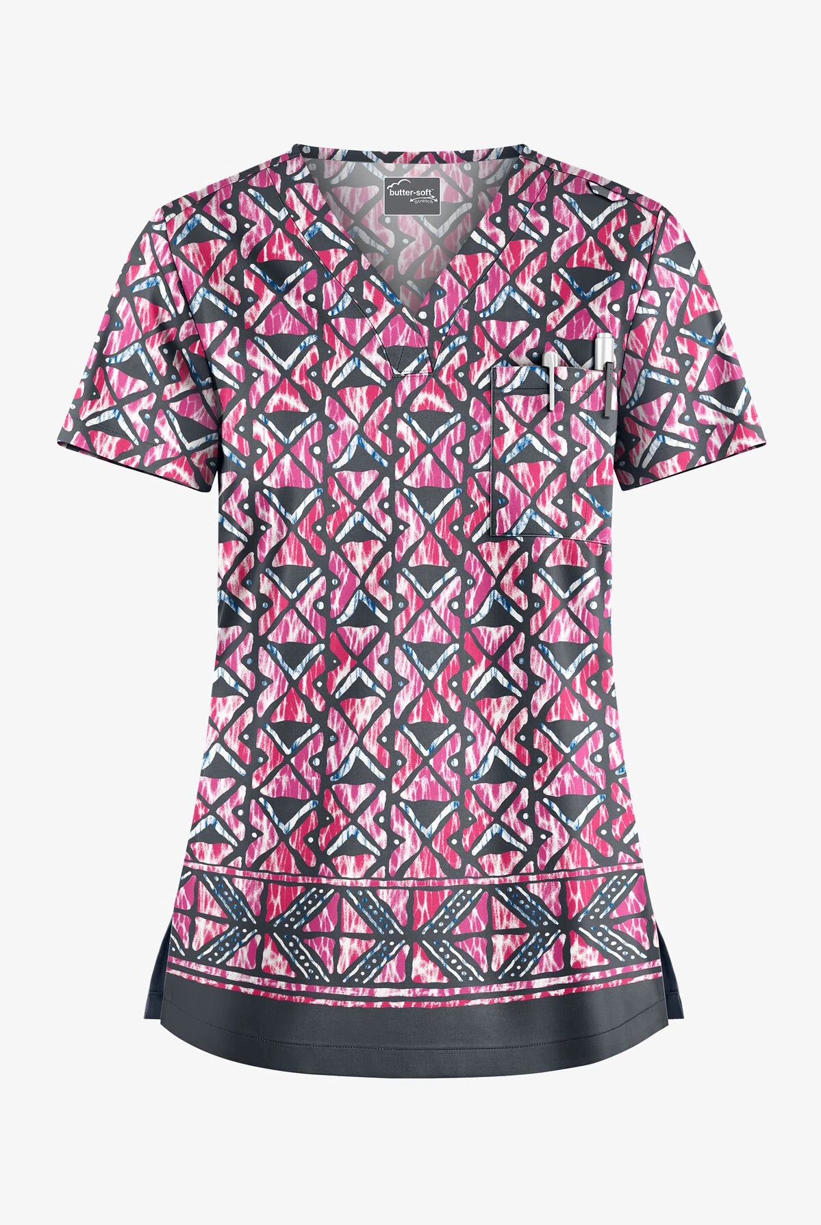 UA Butter-Soft STRETCH Day Dance Pewter Women's 1-Pocket V-Neck Print Scrub Top 1 UA Butter-Soft STRETCH Day Dance Pewter Women's 1-Pocket V-Neck Print Scrub Top