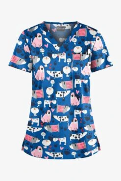 Butter-Soft Dreaming Pups Royal Women's 1-Pocket V-Neck Tuck-In Print Scrub Top