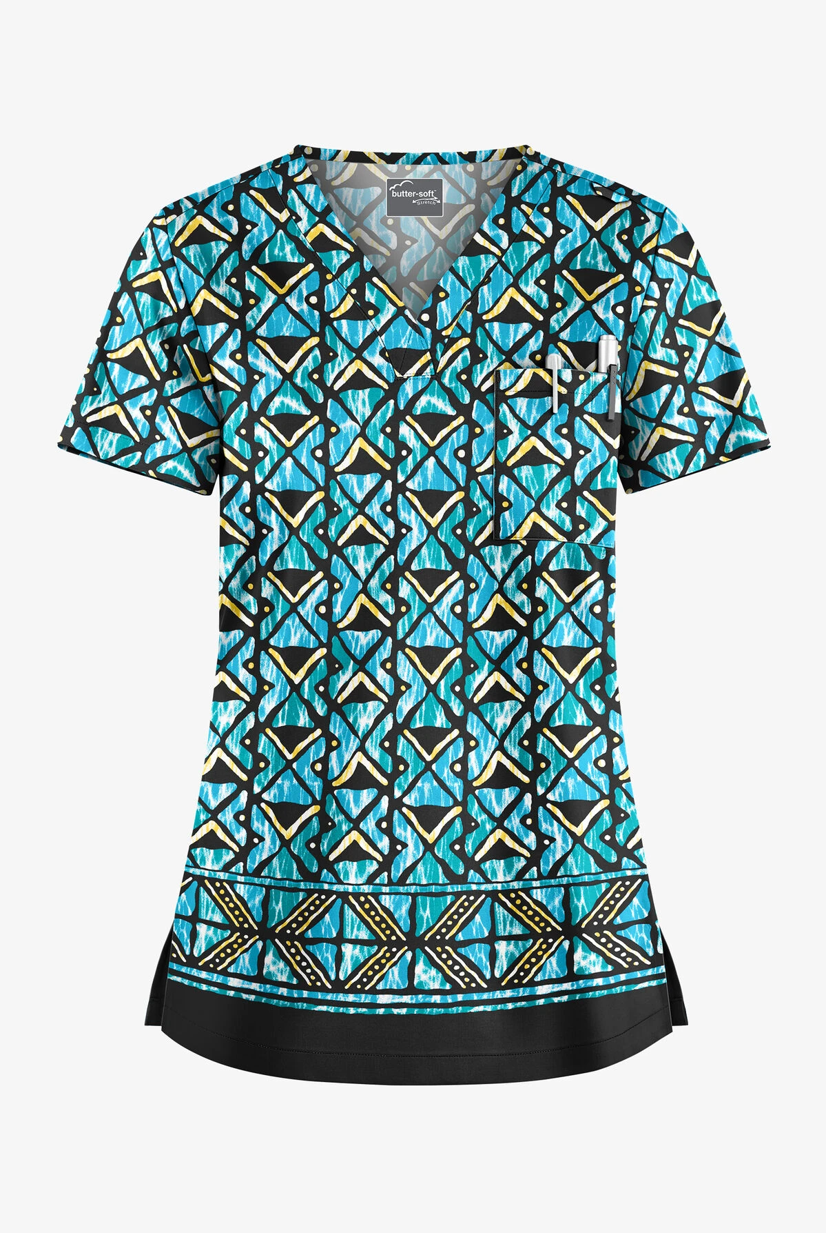 UA Butter-Soft STRETCH Day Dance Black Printed Women's 1-Pocket V-Neck Scrub Top 1 UA Butter-Soft STRETCH Day Dance Black Printed Women's 1-Pocket V-Neck Scrub Top