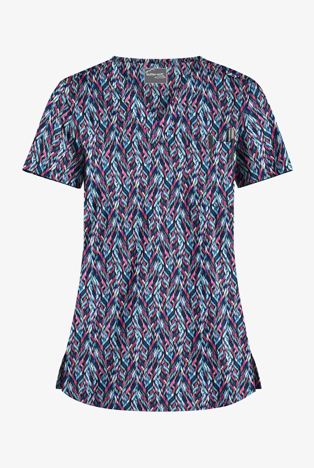 UA Butter-Soft STRETCH Geometric Path Black Printed Women's 1-Pocket V-Neck Tuck-In Scrub Top 1 UA Butter-Soft STRETCH Geometric Path Black Printed Women's 1-Pocket V-Neck Tuck-In Scrub Top