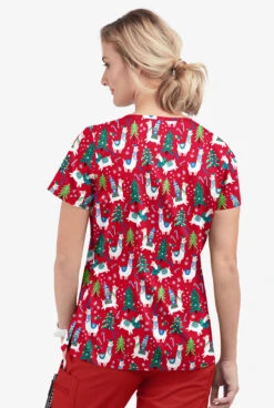 Butter-Soft Holiday Llamas Red Women's 1-Pocket V-Neck Tuck-In Print Scrub Top -Cherokee Shop TS452HLRD 3