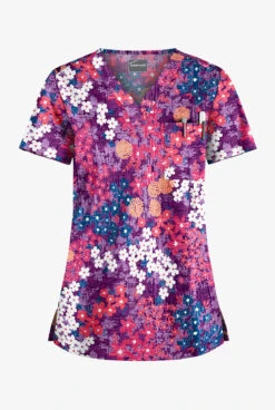 Butter-Soft Izmir Floral Berry Burst Women's 1-Pocket V-Neck Tuck-In Print Scrub Top