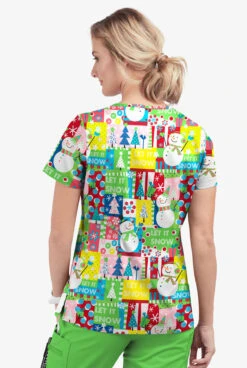 Butter-Soft Joyful Snowman Grass Green Women's 1-Pocket V-Neck Tuck-In Print Scrub Top -Cherokee Shop TS452JSGG 3
