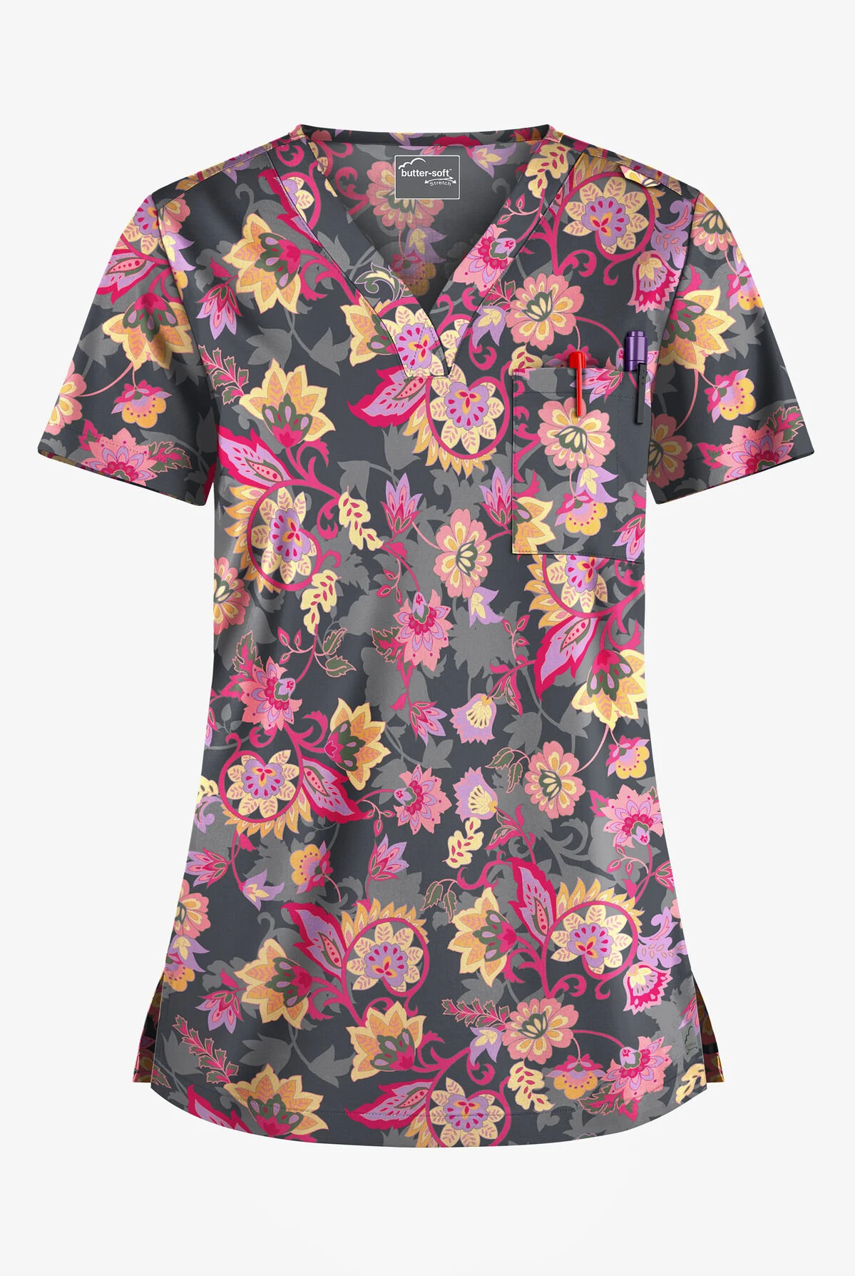 UA Butter-Soft STRETCH Jacobean Spring Pewter Women's 1-Pocket V-Neck Tuck-In Printed Scrub Top 1 UA Butter-Soft STRETCH Jacobean Spring Pewter Women's 1-Pocket V-Neck Tuck-In Printed Scrub Top
