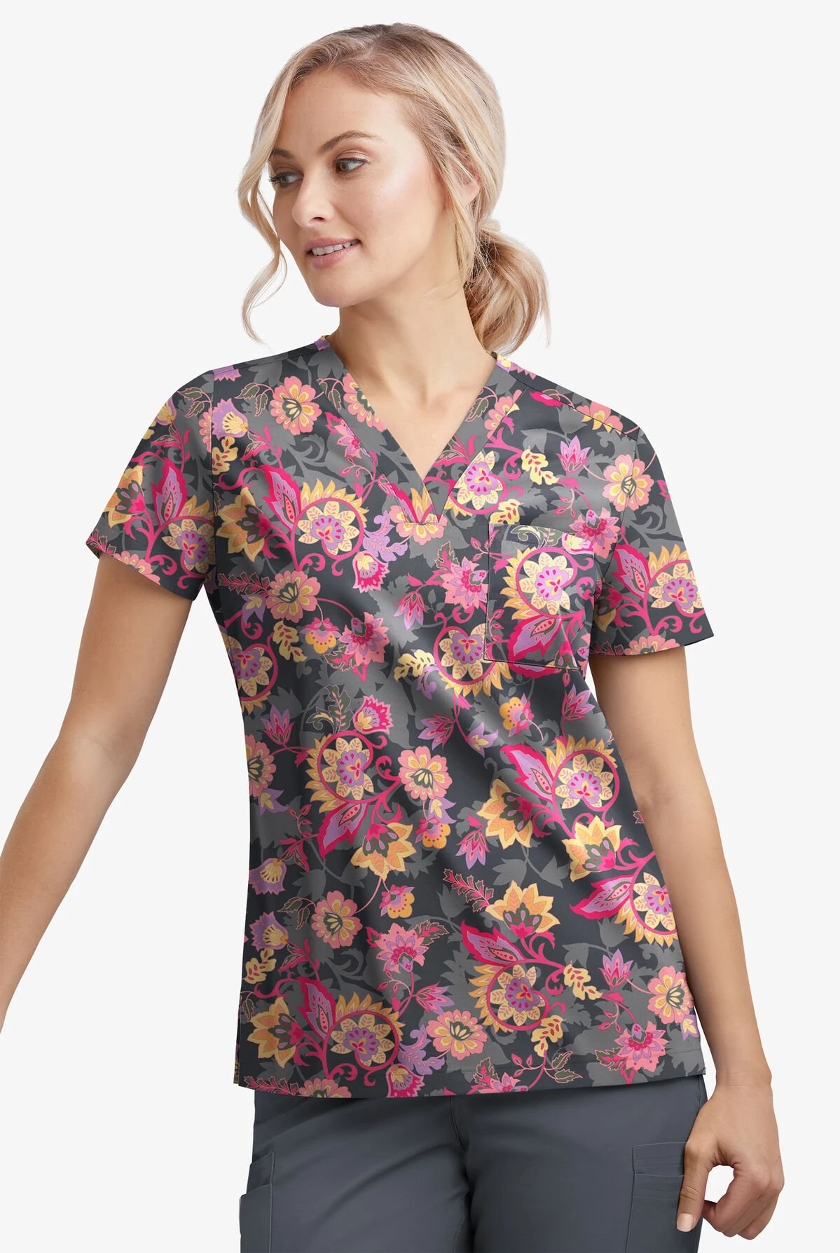 UA Butter-Soft STRETCH Jacobean Spring Pewter Women's 1-Pocket V-Neck Tuck-In Printed Scrub Top 2 UA Butter-Soft STRETCH Jacobean Spring Pewter Women's 1-Pocket V-Neck Tuck-In Printed Scrub Top - Image 2