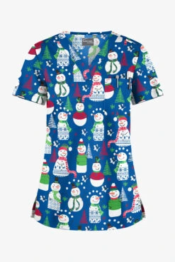 Butter-Soft Juggling Snowman Royal Women's 1-Pocket V-Neck Tuck-In Print Scrub Top