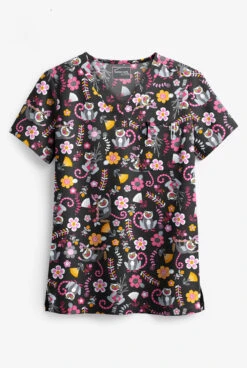 UA Butter-Soft STRETCH Lemur Love Black Printed Women's 1-Pocket V-Neck Scrub Top