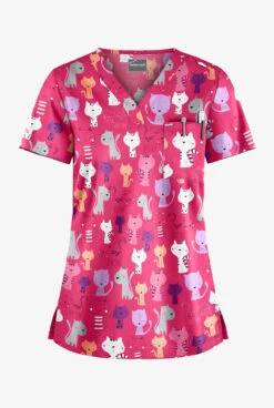Butter-Soft Paris Cats Fuchsia Women's 1-Pocket V-Neck Tuck-In Print Scrub Top