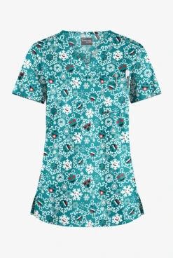 Butter-Soft Smiling Snowflakes Teal Women's 1-Pocket V-Neck Tuck-In Print Scrub Top