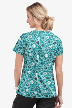 Butter-Soft Smiling Snowflakes Teal Women's 1-Pocket V-Neck Tuck-In Print Scrub Top -Cherokee Shop TS452SSTL 3