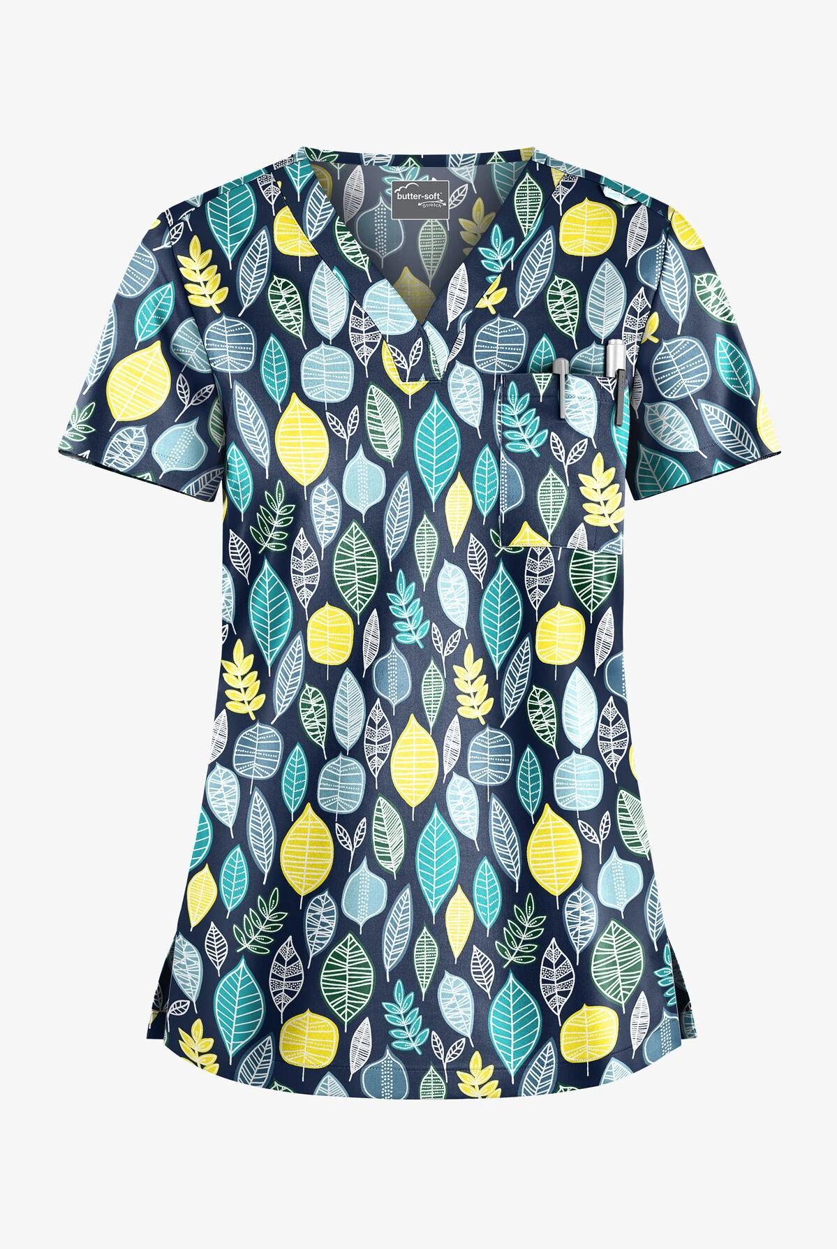 UA Butter-Soft STRETCH Swedish Leaves Navy Women's 1-Pocket V-Neck Tuck-In Print Scrub Top 1 UA Butter-Soft STRETCH Swedish Leaves Navy Women's 1-Pocket V-Neck Tuck-In Print Scrub Top