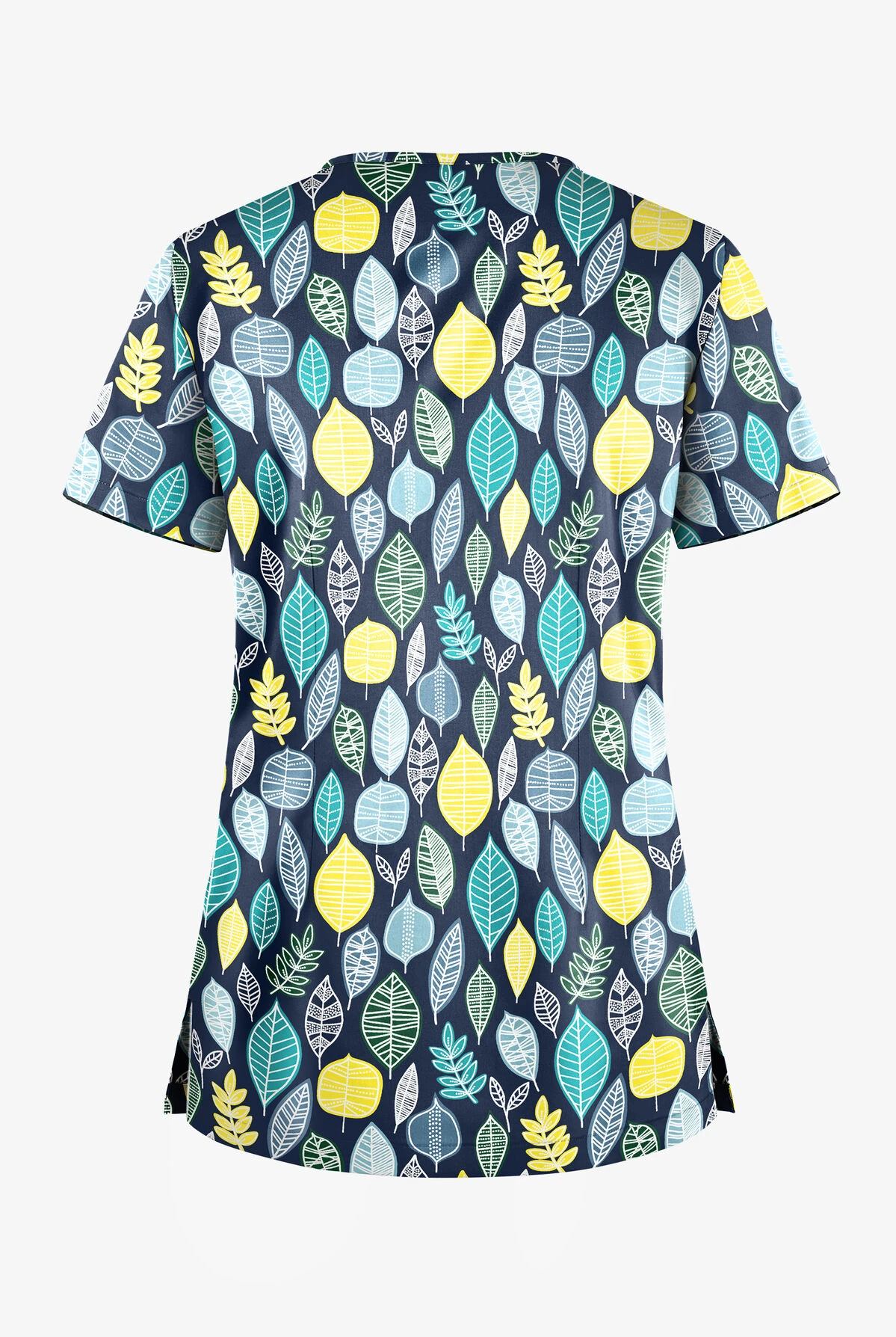 UA Butter-Soft STRETCH Swedish Leaves Navy Women's 1-Pocket V-Neck Tuck-In Print Scrub Top 2 UA Butter-Soft STRETCH Swedish Leaves Navy Women's 1-Pocket V-Neck Tuck-In Print Scrub Top - Image 2