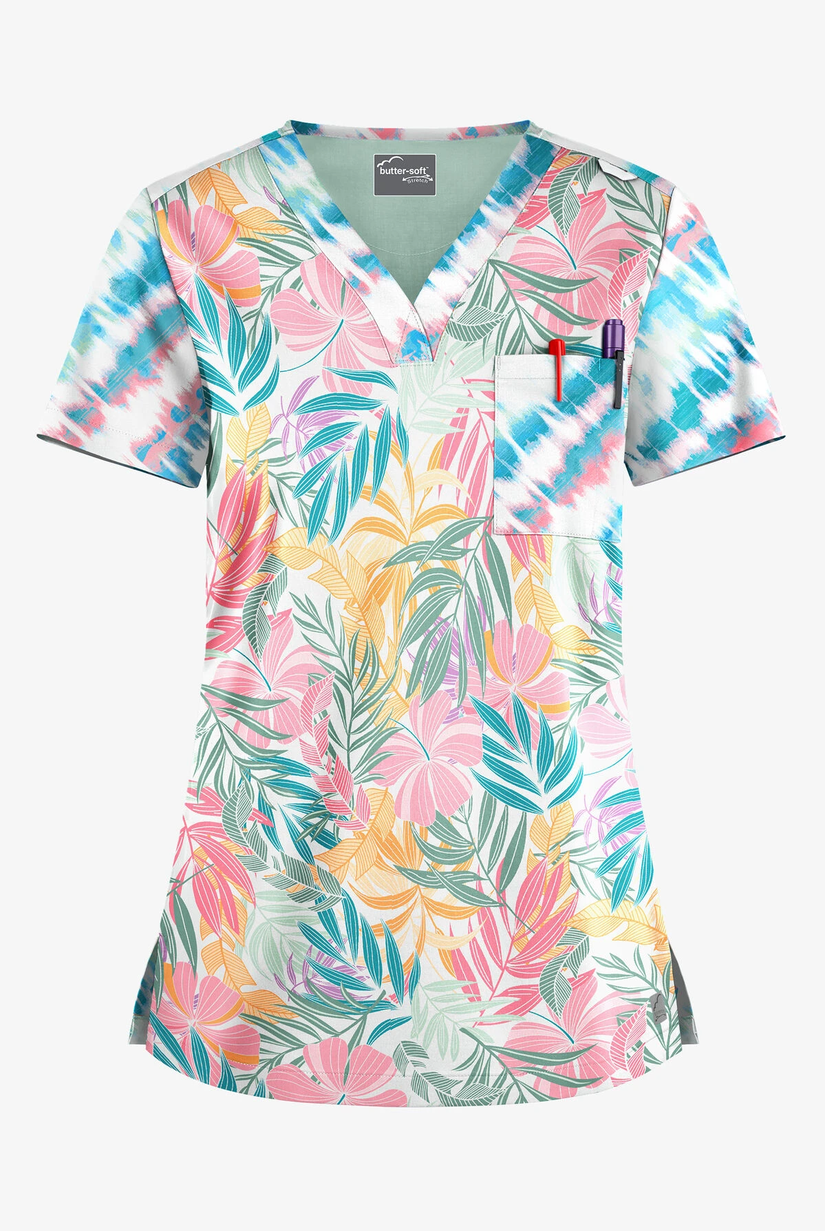 Butter-Soft STRETCH Tropical Mix & Belize Ikat Women's 1-Pocket V-Neck Tuck-In Mixed Print Scrub Top 1 Butter-Soft STRETCH Tropical Mix & Belize Ikat Women's 1-Pocket V-Neck Tuck-In Mixed Print Scrub Top