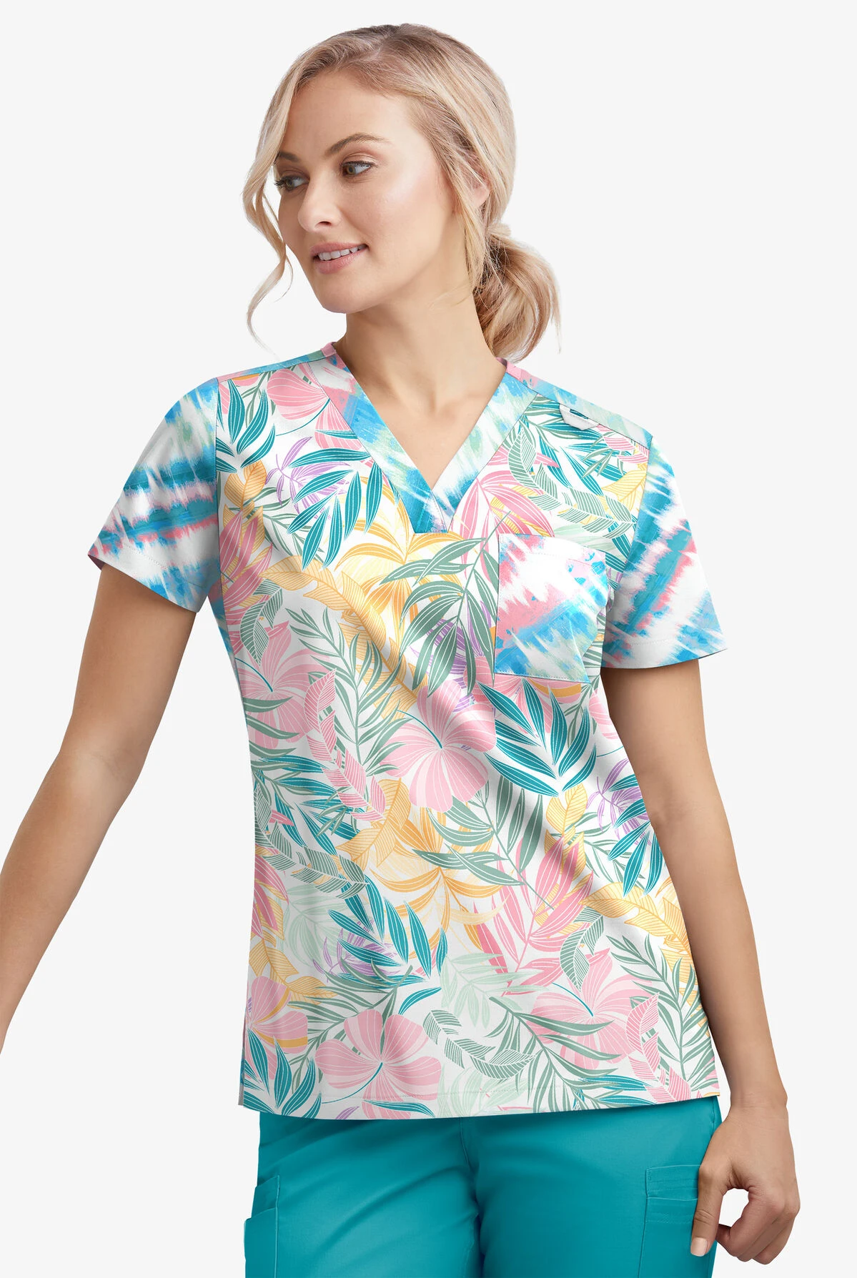 Butter-Soft STRETCH Tropical Mix & Belize Ikat Women's 1-Pocket V-Neck Tuck-In Mixed Print Scrub Top 3 Butter-Soft STRETCH Tropical Mix & Belize Ikat Women's 1-Pocket V-Neck Tuck-In Mixed Print Scrub Top - Image 3